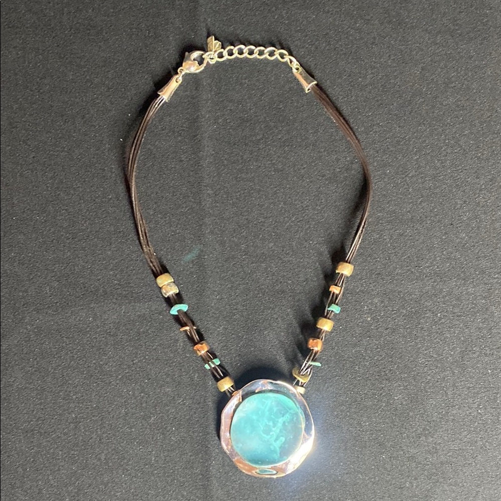 Turquoise Pendant Necklace with Brown Cord